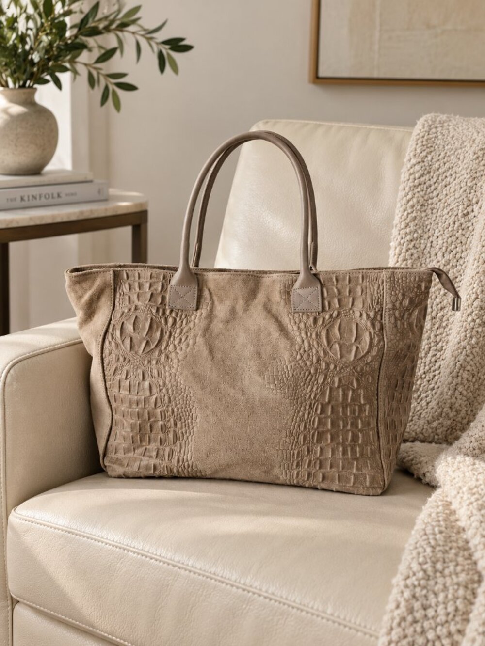 Beige Suede Tote Bag, Large Italian Leather Shopper, Croc Embossed Shoulder Bag